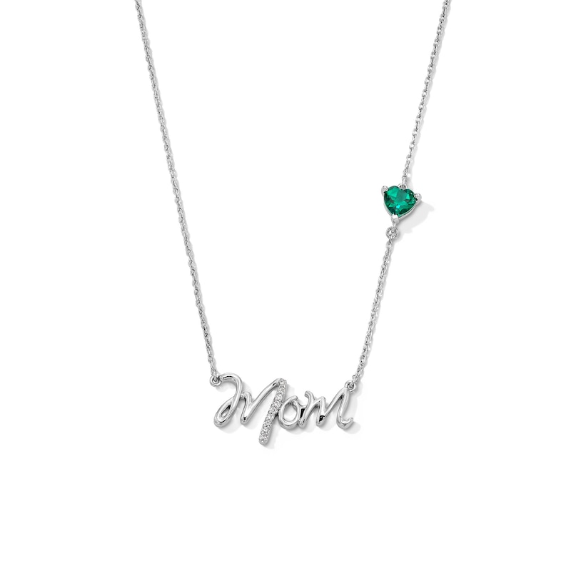 5.0mm Heart-Shaped Lab-Created Emerald and White Lab-Created Sapphire “Mom” Necklace in Sterling Silver