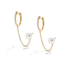 5.0-5.5mm Freshwater Cultured Pearl and White Lab-Created Sapphire Chain Hoop and Stud Earrings in 10K Gold