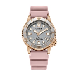 Ladies' Citizen Eco-Drive Promaster Dive Rose-Tone Pink Rubber Strap Watch with Silver-Tone Dial (Model: EO2023-00A)