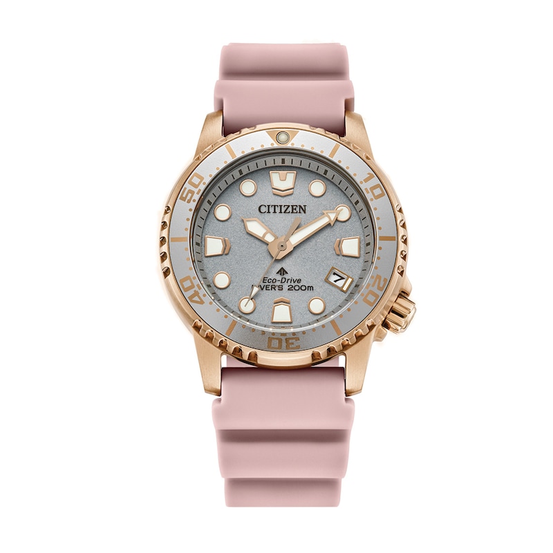 Ladies' Citizen Eco-Drive Promaster Dive Rose-Tone Pink Rubber Strap Watch with Silver-Tone Dial (Model: EO2023-00A)