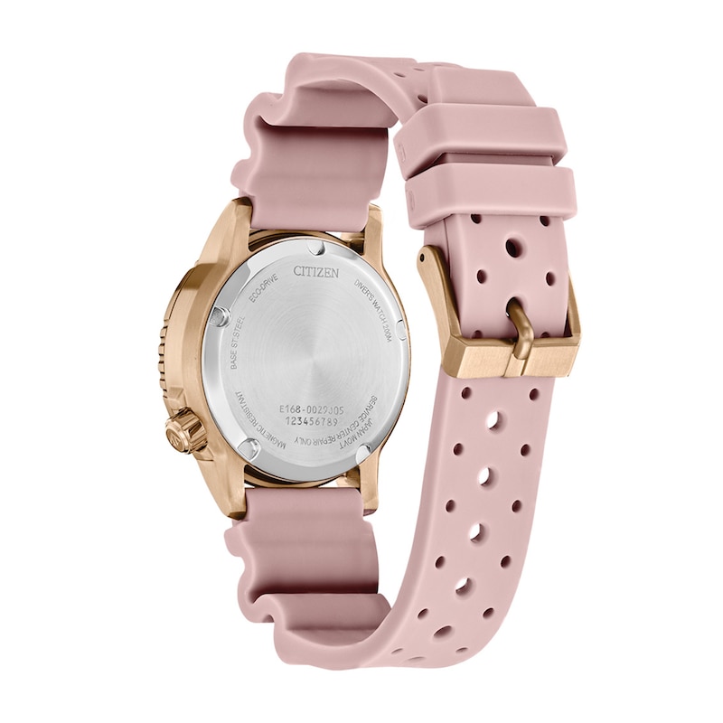 Ladies' Citizen Eco-Drive Promaster Dive Rose-Tone Pink Rubber Strap Watch with Silver-Tone Dial (Model: EO2023-00A)