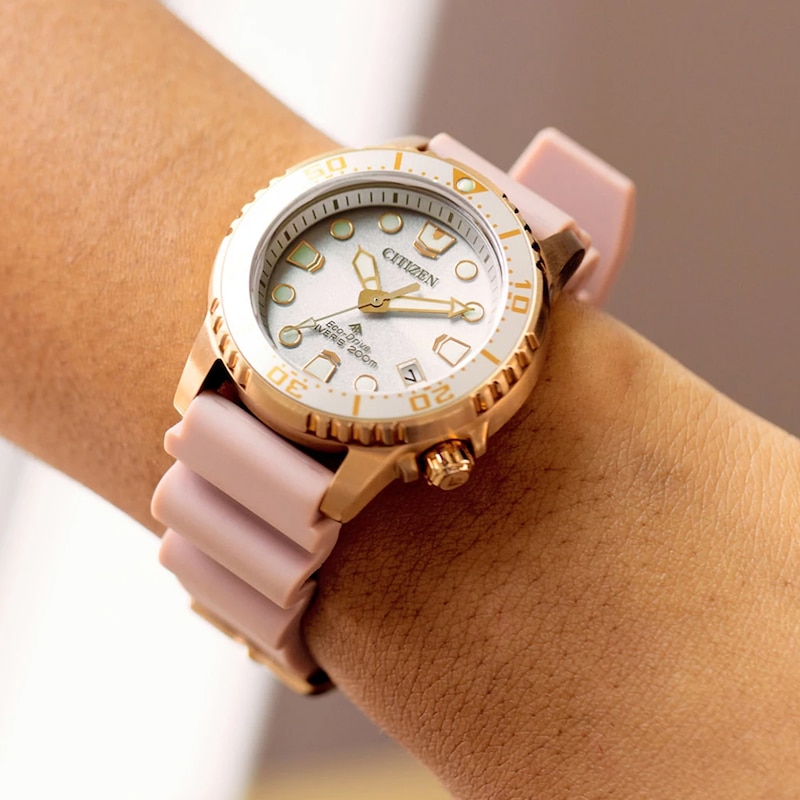 Ladies' Citizen Eco-Drive Promaster Dive Rose-Tone Pink Rubber Strap Watch with Silver-Tone Dial (Model: EO2023-00A)