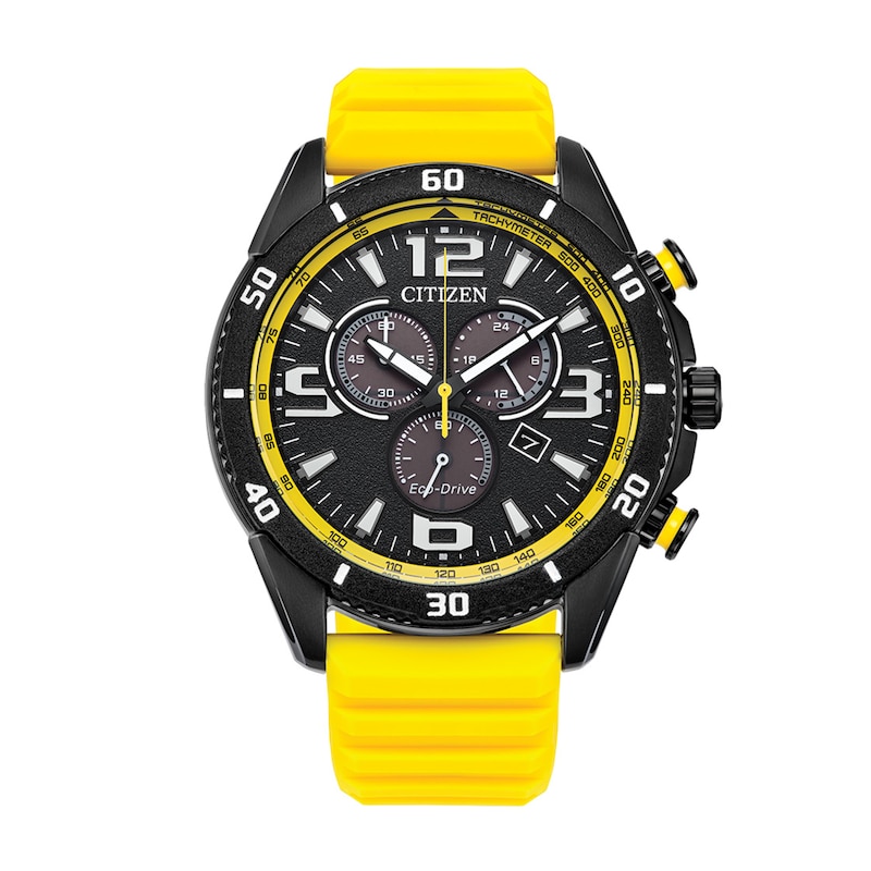 Main Image 1 of Men’s Citizen Eco-Drive® Brycen Black IP Yellow Silicone Strap Chronograph Watch with Black Dial (Model: AT2585-08E)