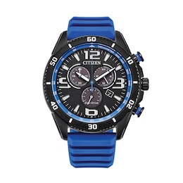 Men’s Citizen Eco-Drive® Brycen Black IP Blue Silicone Strap Chronograph Watch with Black Dial (Model: AT2586-05E)