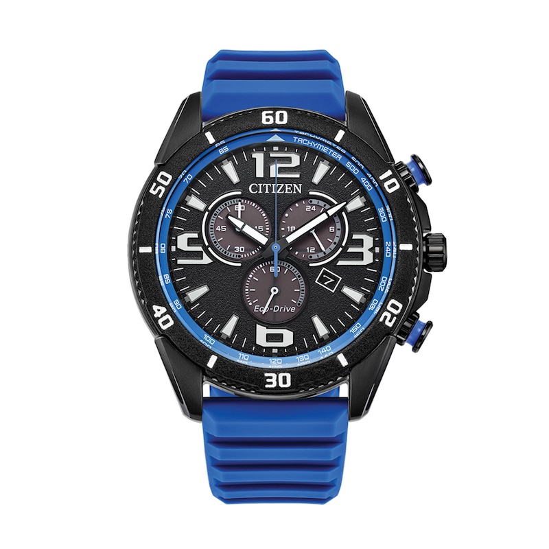 Men’s Citizen Eco-Drive® Brycen Black IP Blue Silicone Strap Chronograph Watch with Black Dial (Model: AT2586-05E)