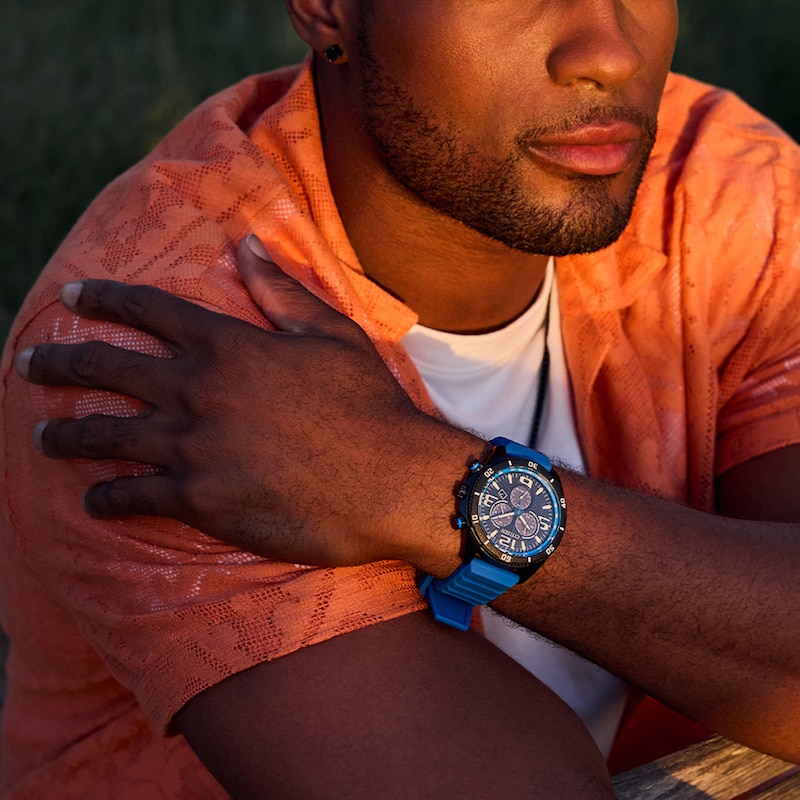 Main Image 4 of Men’s Citizen Eco-Drive® Brycen Black IP Blue Silicone Strap Chronograph Watch with Black Dial (Model: AT2586-05E)
