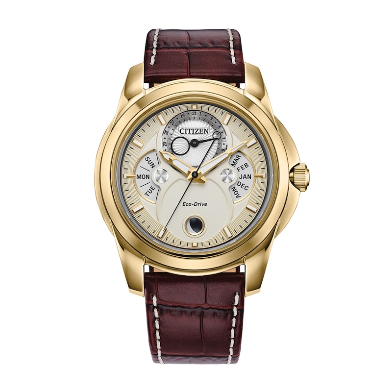 Men’s Citizen Eco-Drive® Calendrier Gold-Tone IP Leather Strap Chronograph Watch with Gold-Tone Dial (Model: BU0082-06P)