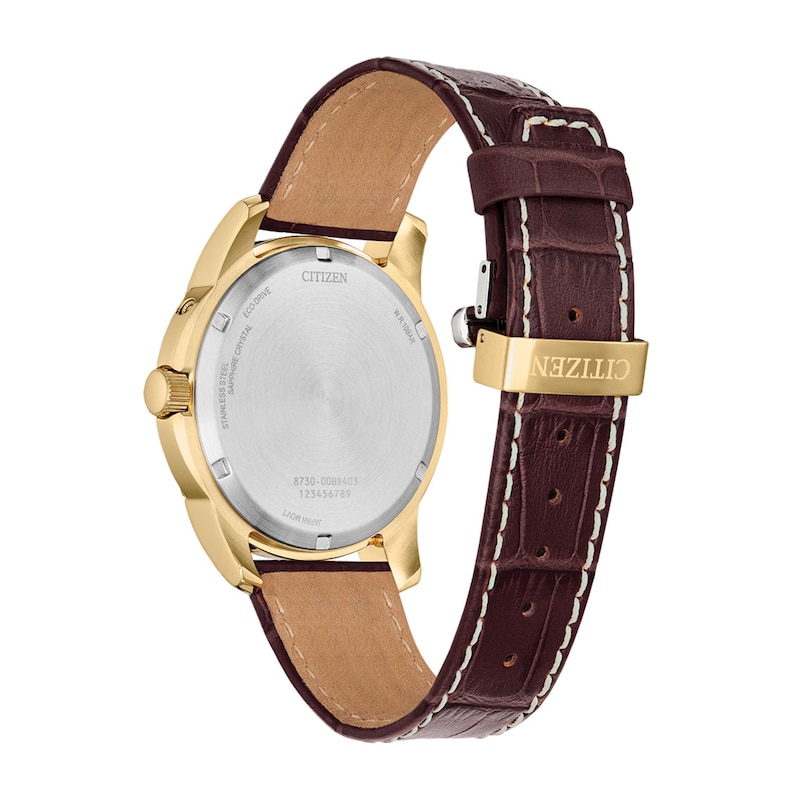 Main Image 2 of Men’s Citizen Eco-Drive® Calendrier Gold-Tone IP Leather Strap Chronograph Watch with Gold-Tone Dial (Model: BU0082-06P)
