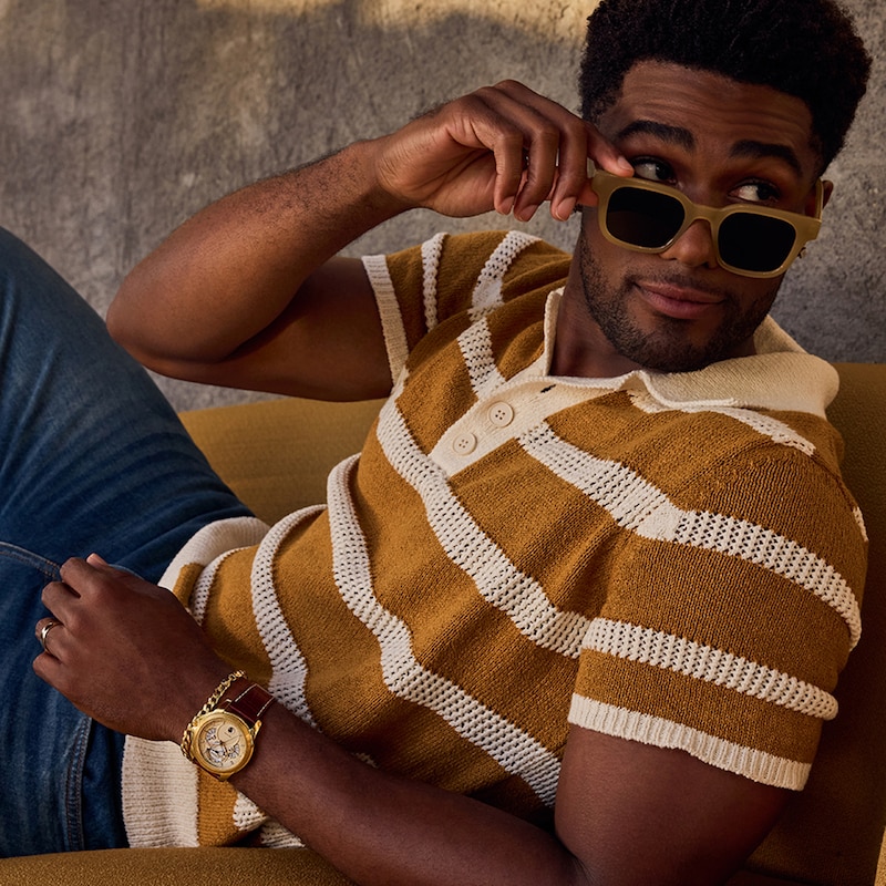 Main Image 5 of Men’s Citizen Eco-Drive® Calendrier Gold-Tone IP Leather Strap Chronograph Watch with Gold-Tone Dial (Model: BU0082-06P)