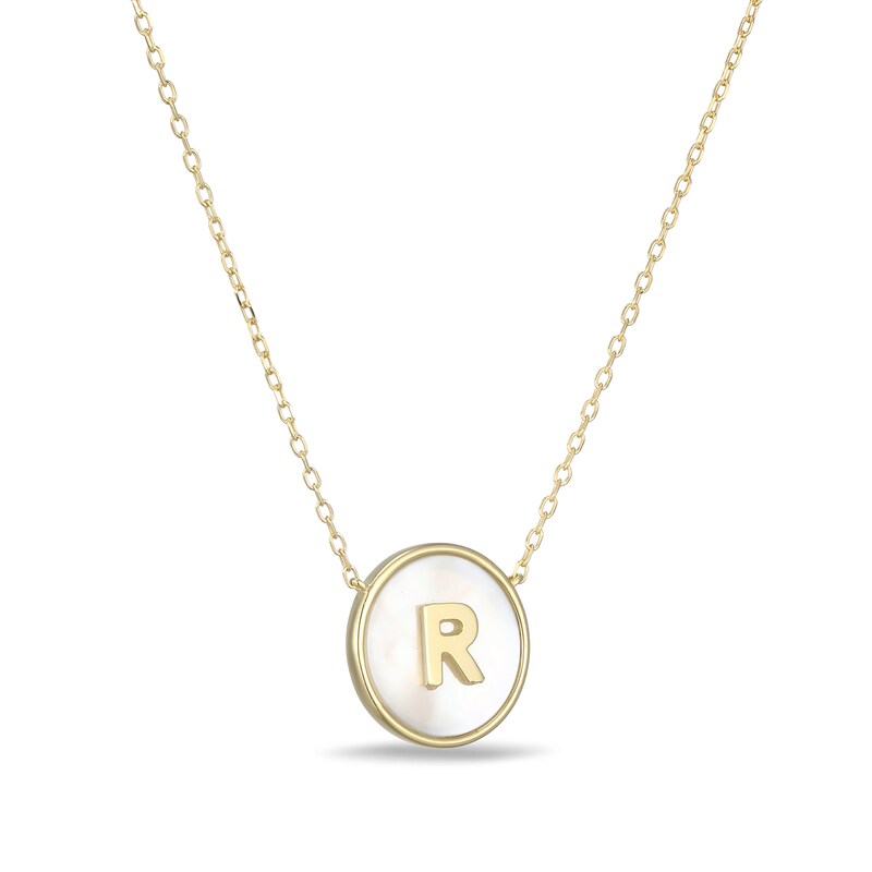 Main Image 2 of Mother-of-Pearl Block Initial “R” Necklace in Sterling Silver with 18K Gold-Plate