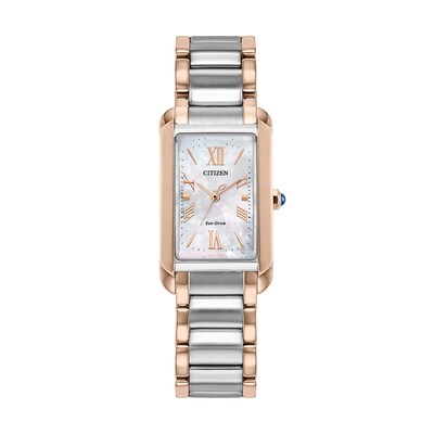 Ladies’ Citizen Eco-Drive® Bianca L Two-Tone IP Watch with Rectangular Mother-of-Pearl Dial (Model: EW5624-54Y)
