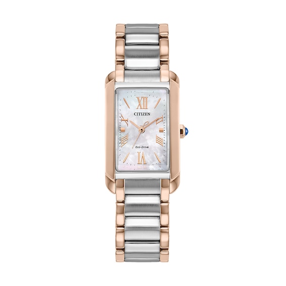 Ladies’ Citizen Eco-Drive® Bianca L Two-Tone IP Watch with Rectangular Mother-of-Pearl Dial (Model: EW5624-54Y)