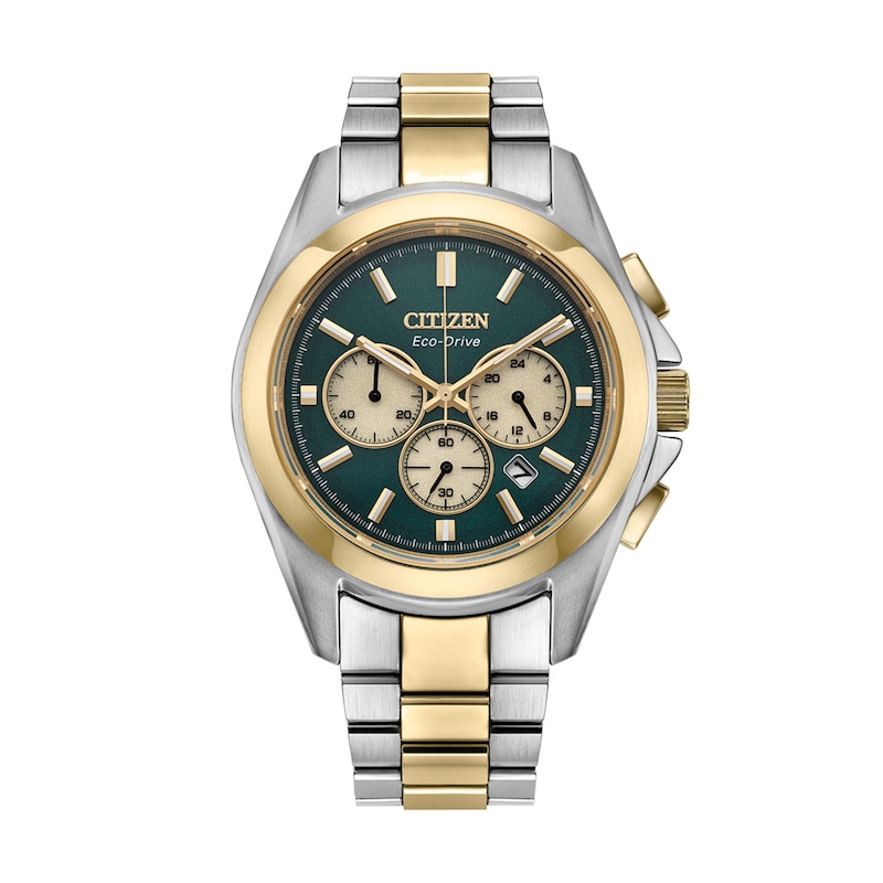 Men’s Citizen Eco-Drive® Sport Luxury Two-Tone IP Chronograph Watch with Green Dial (Model: CA4684-54X)