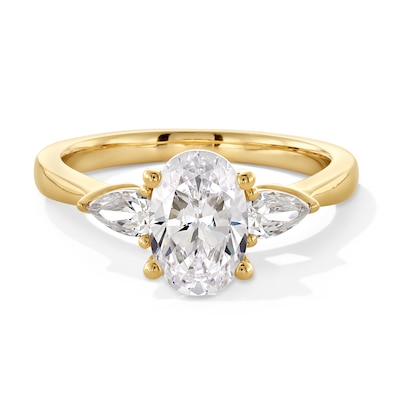 1.80 CT. T.W. Oval and Pear-Shaped Certified Lab-Created Diamond Three Stone Engagement Ring in 14K Gold (F/VS2)