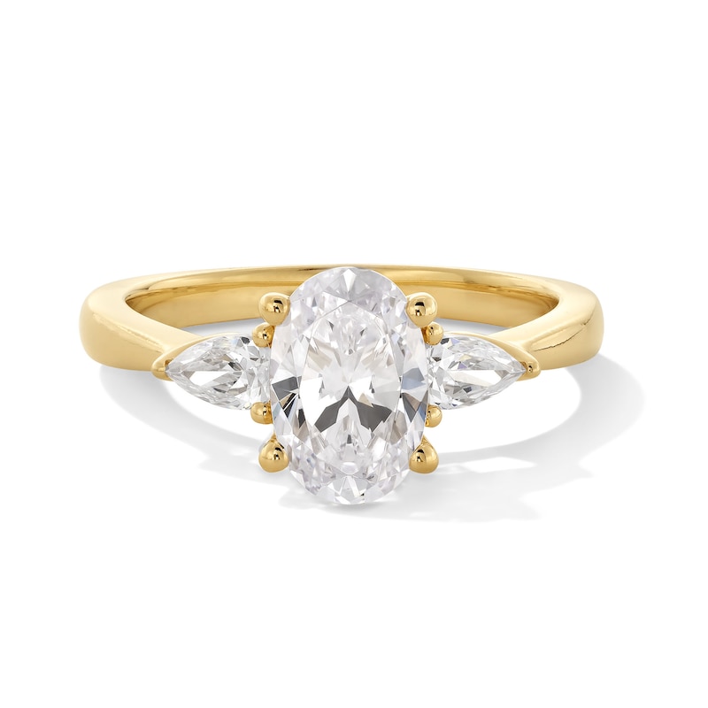 Main Image 1 of 1.80 CT. T.W. Oval and Pear-Shaped Certified Lab-Grown Diamond Three Stone Engagement Ring in 14K Gold (F/VS2)