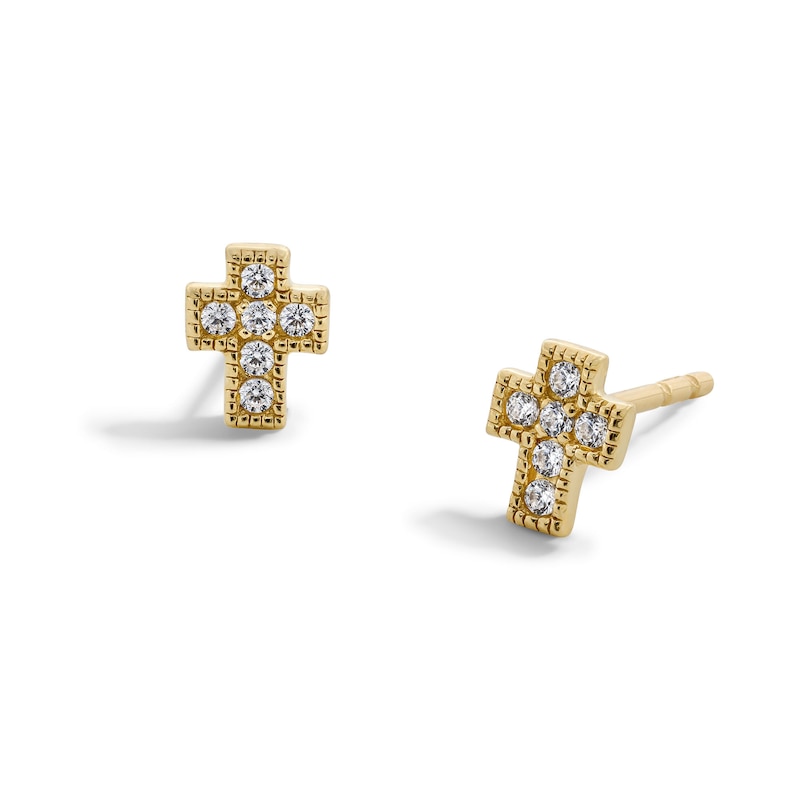 Main Image 1 of 0.04 CT. T.W. Diamond Vintage-Style Cross Stud Earrings in 10K Gold