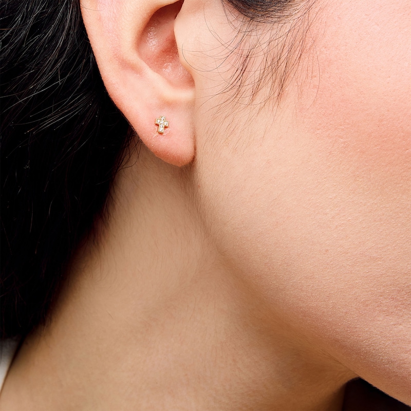 Main Image 2 of 0.04 CT. T.W. Diamond Vintage-Style Cross Stud Earrings in 10K Gold