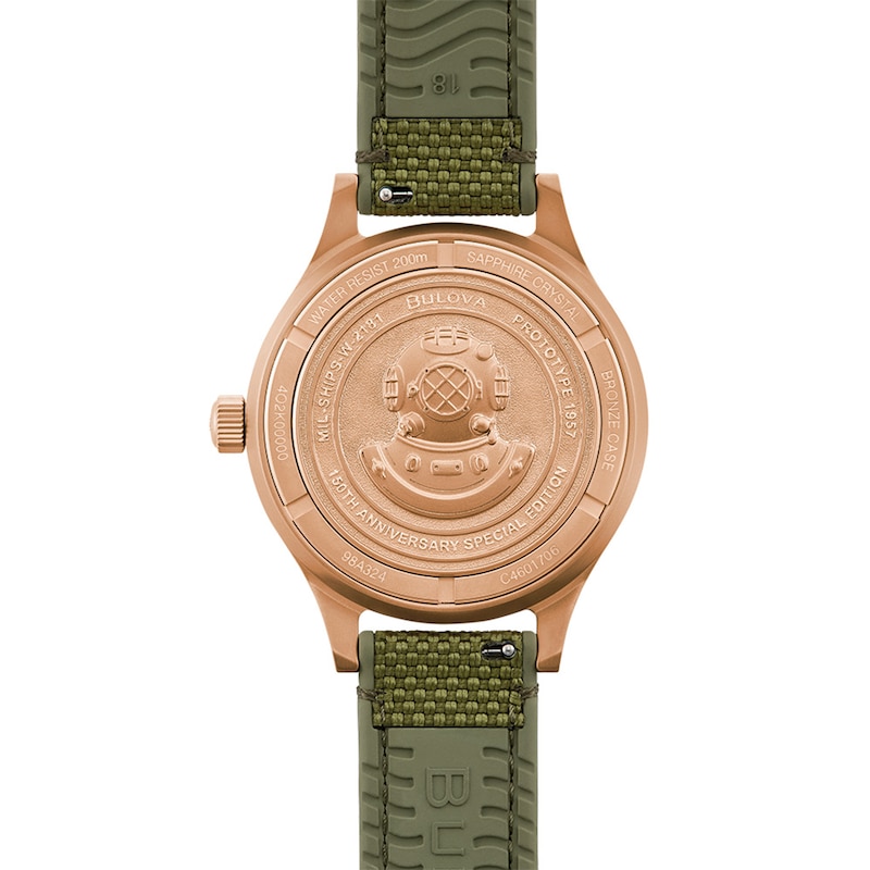 Main Image 4 of Men's 150th Anniversary Special Edition Bulova MIL-SHIPS Bronze Case Automatic Watch with Green Dial (Model: 98A324)