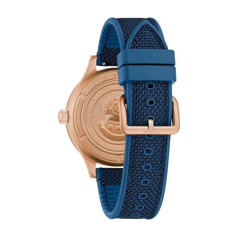 Men's 150th Anniversary Special Edition Bulova MIL-SHIPS Bronze Case Automatic Watch with Blue Dial (Model: 98A325)