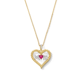 Heart-Shaped Lab-Created Ruby and 0.065 CT. T.W. Diamond “Mom” Heart Pendant in Sterling Silver with 14K Gold Plate