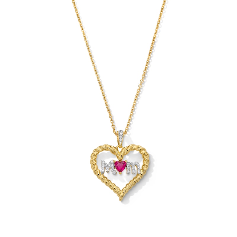 Heart-Shaped Lab-Created Ruby and 0.065 CT. T.W. Diamond “Mom” Heart Pendant in Sterling Silver with 14K Gold Plate