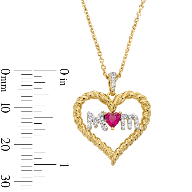 Main Image 3 of Heart-Shaped Lab-Created Ruby and 0.065 CT. T.W. Diamond “Mom” Heart Pendant in Sterling Silver with 14K Gold Plate