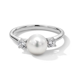 7.5-8.0mm Freshwater Cultured Pearl and 0.23 CT. T.W. Certified Lab-Grown Diamond Three Stone Ring in Sterling Silver