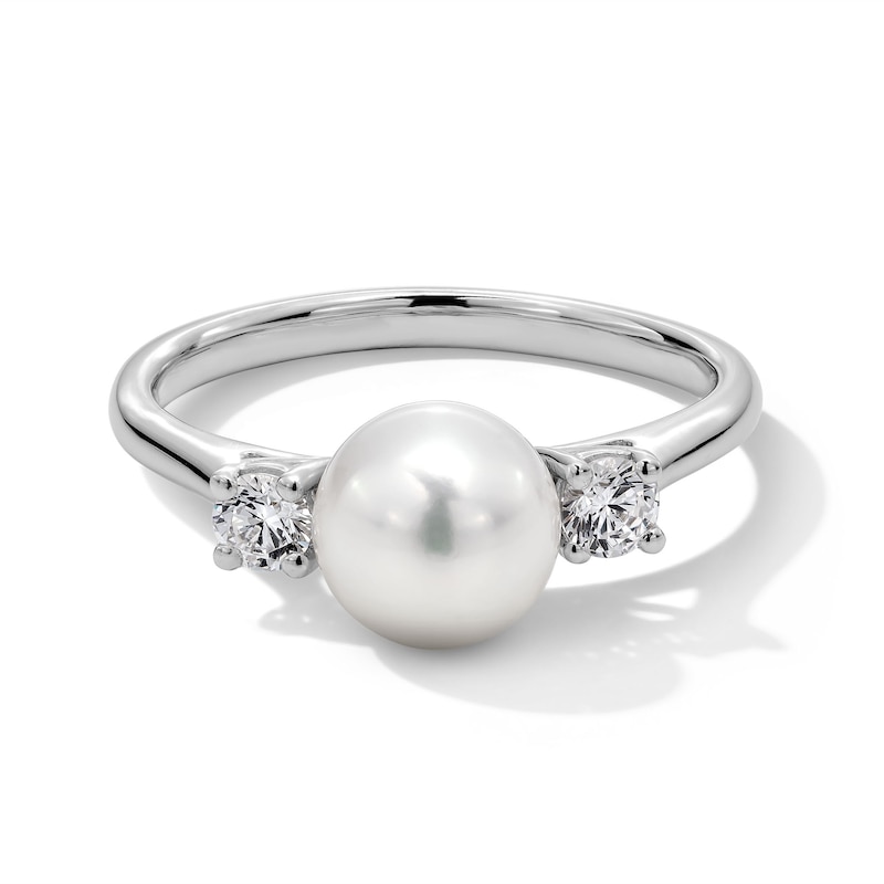 Main Image 1 of 7.5-8.0mm Freshwater Cultured Pearl and 0.23 CT. T.W. Certified Lab-Grown Diamond Three Stone Ring in Sterling Silver