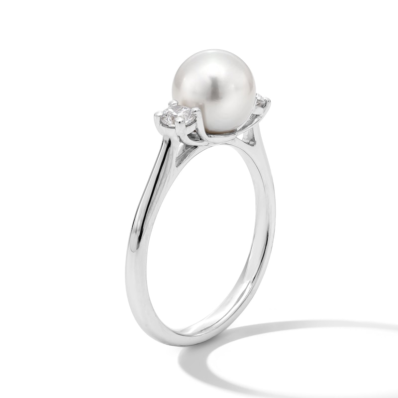 Main Image 2 of 7.5-8.0mm Freshwater Cultured Pearl and 0.23 CT. T.W. Certified Lab-Grown Diamond Three Stone Ring in Sterling Silver