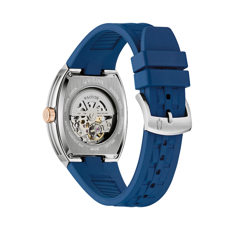 Main Image 3 of Men’s Bulova Maquina Blue Silicone Strap Automatic Watch with Tonneau Blue Skeleton Dial (Model: 98A318)
