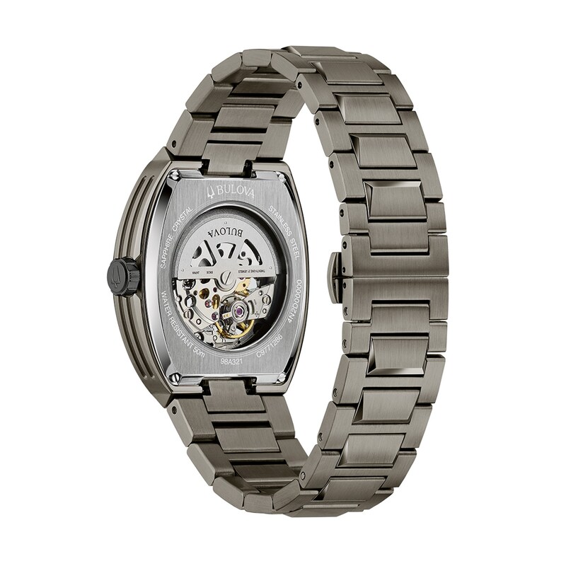 Men’s Bulova Maquina Gunmetal Grey IP Automatic Watch with Tonneau Green Skeleton Dial (Model: 98A321)