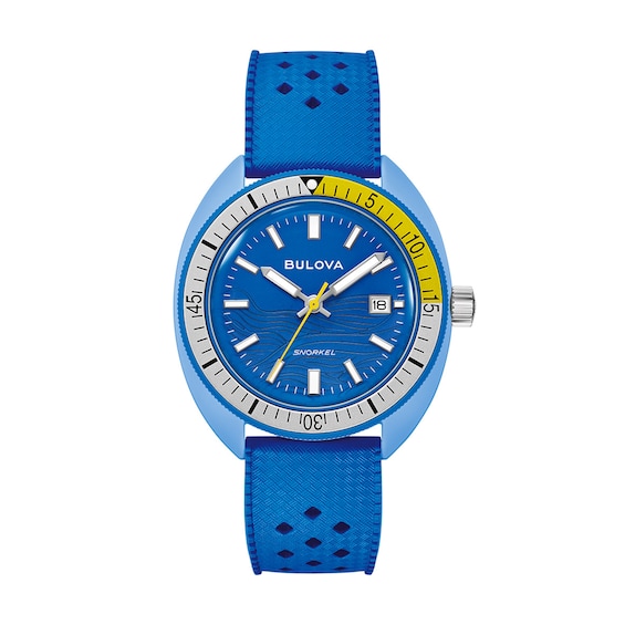 Mens Bulova Snorkel Blue Ceramic Rubber Strap Watch with Blue Dial