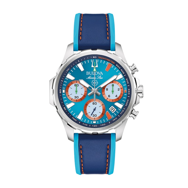 Men's Special Edition Bulova Miami E1 Marine Star Blue Strap Chronograph Watch with Blue Dial (Model: 96B460)