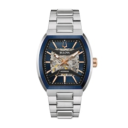 Men’s Bulova Maquina Two-Tone IP Automatic Watch with Tonneau Blue Skeleton Dial (Model: 98A319)