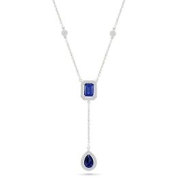 Pear-Shaped and Emerald-Cut Blue Lab-Created Sapphire “Y” Necklace in Sterling Silver