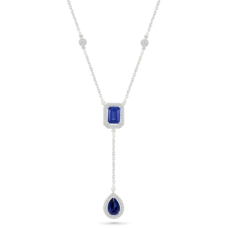 Pear-Shaped and Emerald-Cut Blue Lab-Created Sapphire "Y" Necklace in Sterling Silver