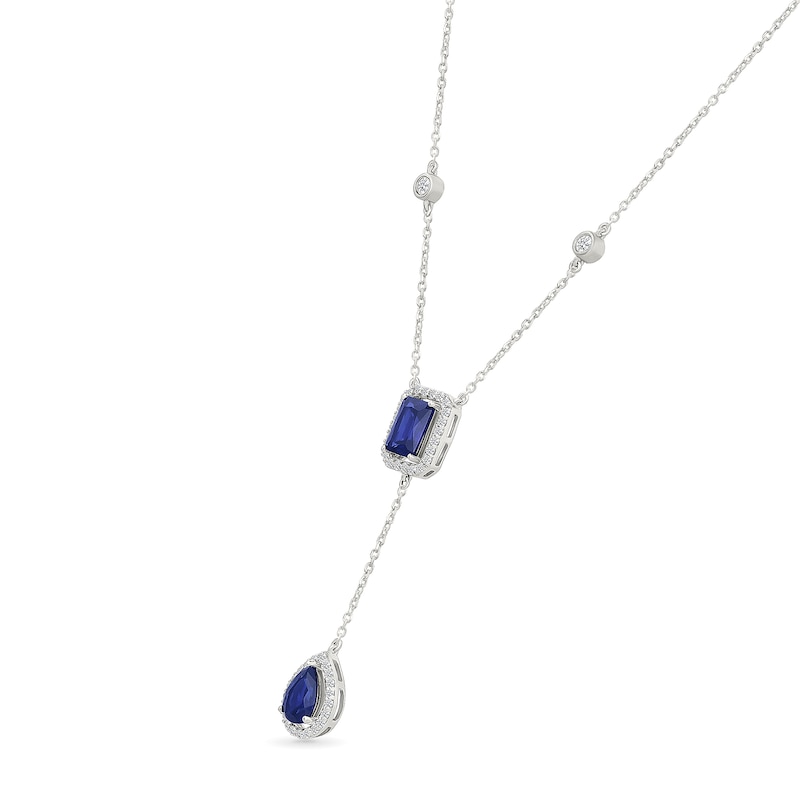 Main Image 2 of Pear-Shaped and Emerald-Cut Blue Lab-Created Sapphire “Y” Necklace in Sterling Silver