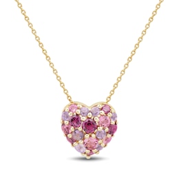 Rhodolite Garnet, Tourmaline and Amethyst Cluster Heart Necklace in 10K Gold