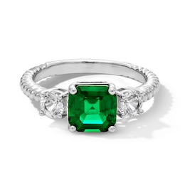 7.0mm Asscher-Cut Lab-Created Emerald and White Lab-Created Sapphire Three Stone Ring in Sterling Silver