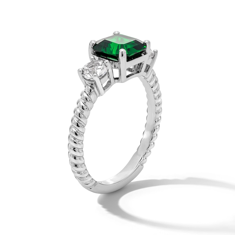 Main Image 2 of 7.0mm Asscher-Cut Lab-Created Emerald and White Lab-Created Sapphire Three Stone Ring in Sterling Silver
