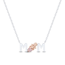 Pink Lab-Created Sapphire “MOM” Slipper Necklace in Sterling Silver and 10K Rose Gold