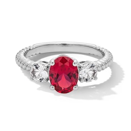 Oval Lab-Created Ruby and White Lab-Created Sapphire Three Stone Ring in Sterling Silver