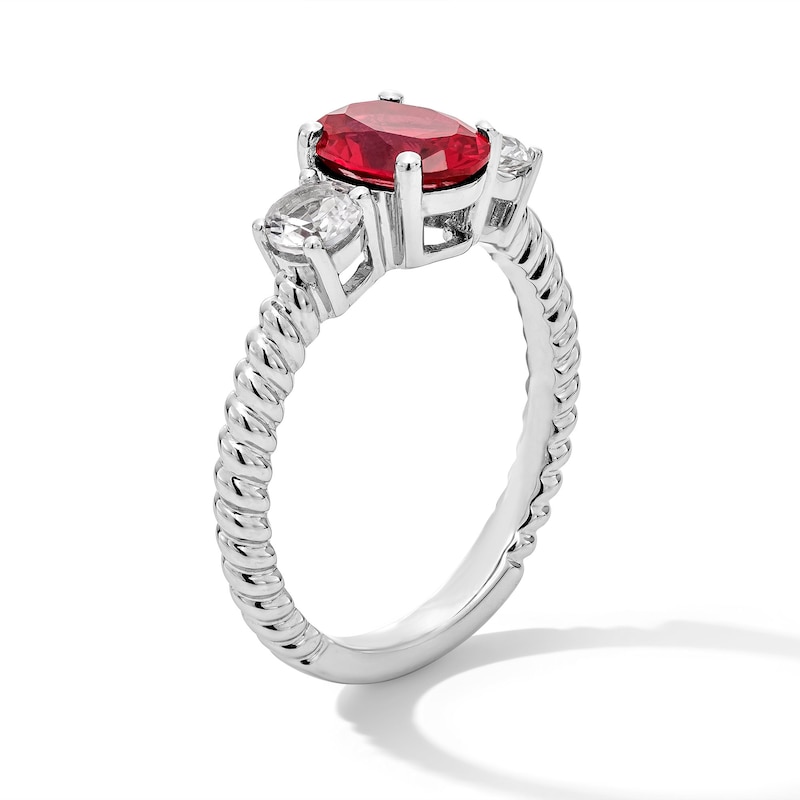 Main Image 2 of Oval Lab-Created Ruby and White Lab-Created Sapphire Three Stone Ring in Sterling Silver