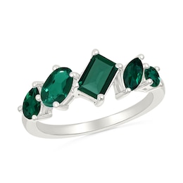 Multi-Shaped Lab-Created Emerald Five Stone Ring in Sterling Silver