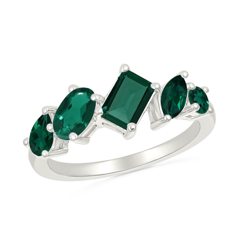 Multi-Shaped Lab-Created Emerald Five Stone Ring in Sterling Silver