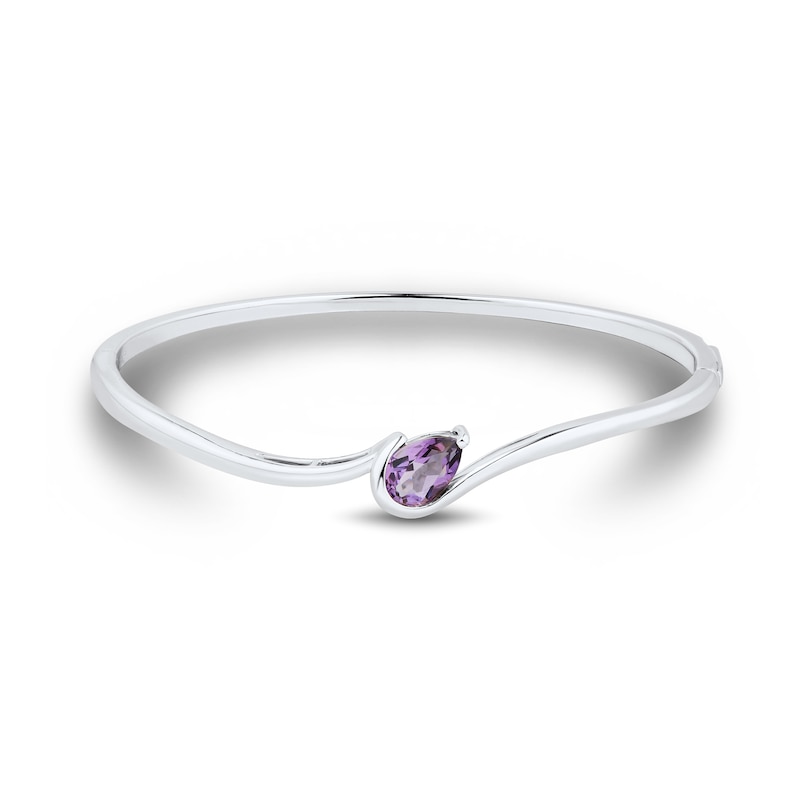 Main Image 1 of Pear-Shaped Amethyst Solitaire Bypass Bangle in Sterling Silver - 6.93”