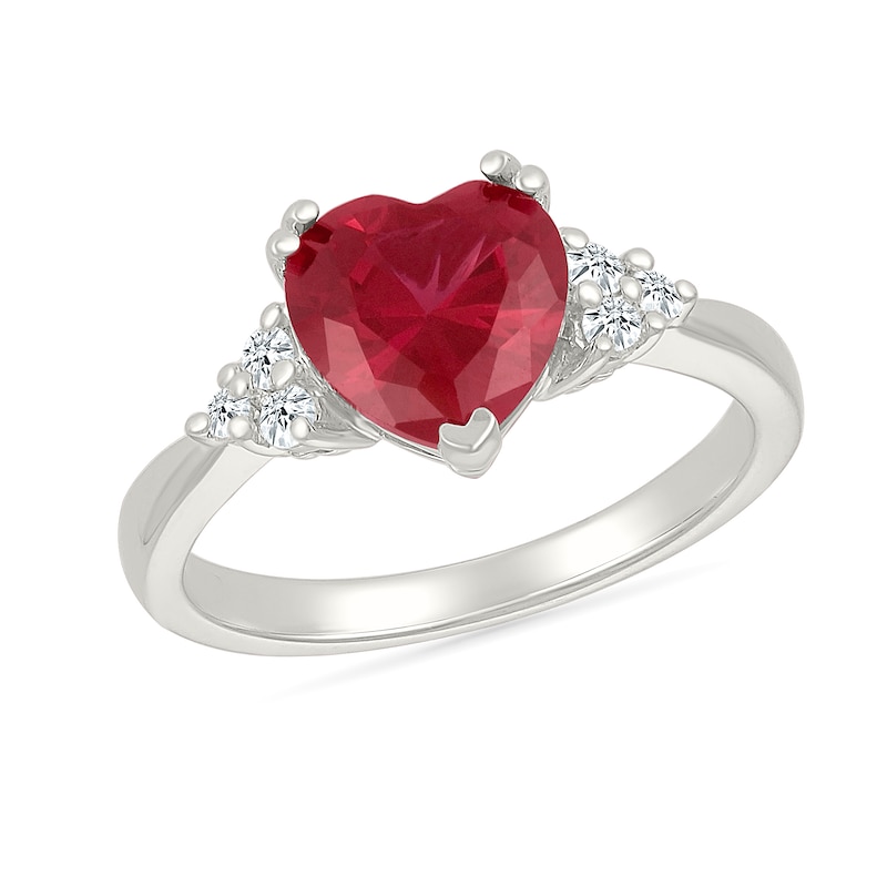 8.0mm Heart-Shaped Lab-Created Ruby and White Lab-Created Sapphire Tri-Sides Ring in Sterling Silver