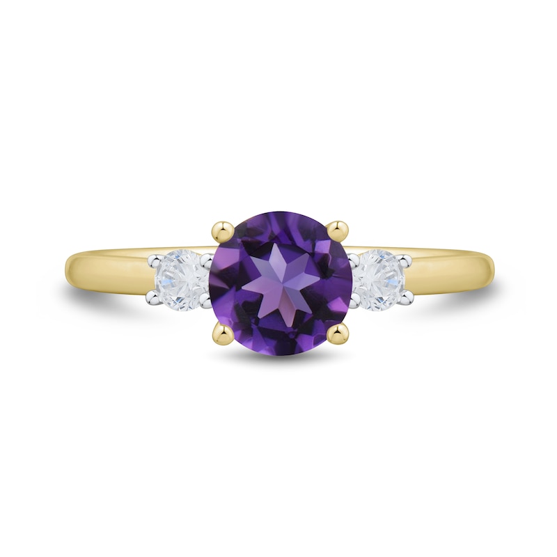 Main Image 2 of 7.0mm Amethyst and 0.18 CT. T.W. Certified Lab-Grown Diamond Three Stone Ring in 10K Gold (F/SI2)