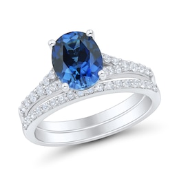 Oval Blue Lab-Created Sapphire and 0.34 CT. T.W. Certified Lab-Grown Diamond Bridal Set in 10K White Gold (F/SI2)