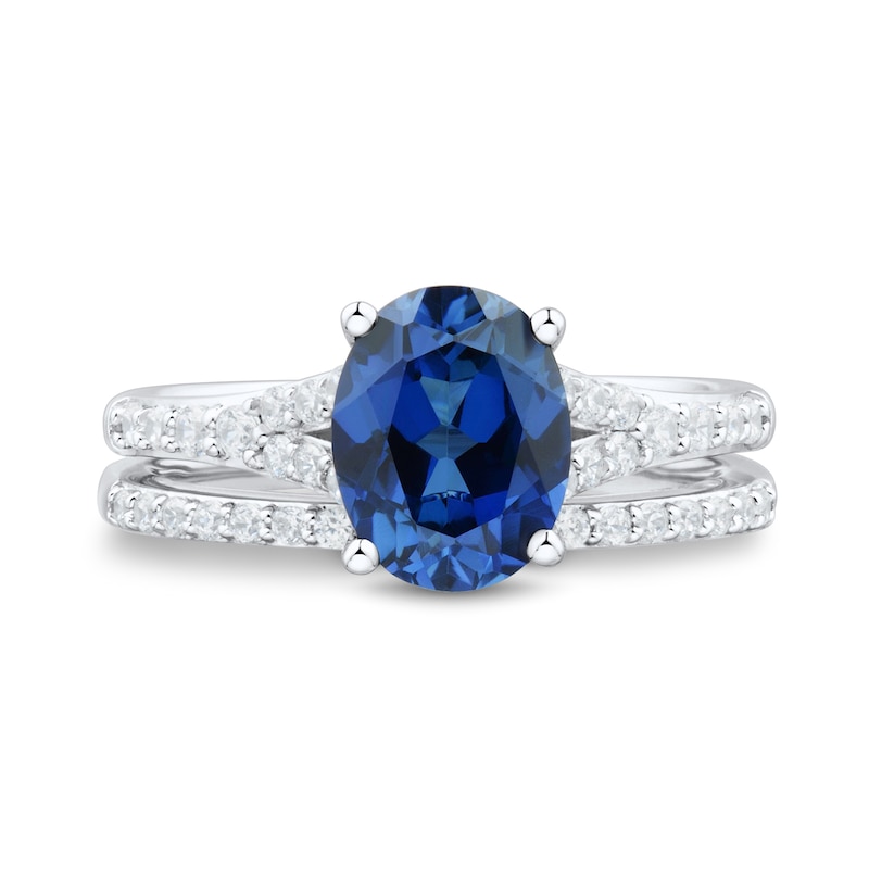 Main Image 2 of Oval Blue Lab-Created Sapphire and 0.34 CT. T.W. Certified Lab-Grown Diamond Bridal Set in 10K White Gold (F/SI2)